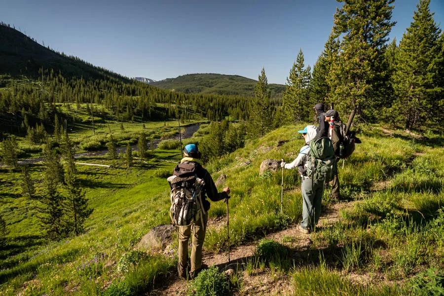 Anglers geared up for a multi-day fishing adventure descend a remote river deep in Yellowstone's backcountry. When backpacking make sure to reserve campsites in advance through the YNP backcountry permit office.