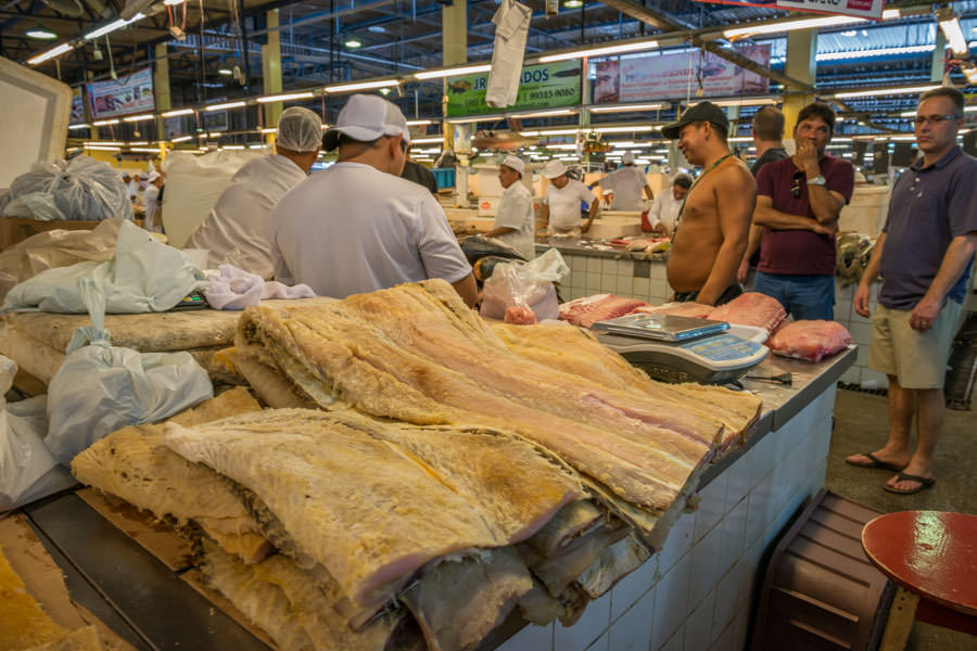 It is worth scheduling an open day in Manaus to see the many sites. The fish market is worth a visit with countless exotic Amazonian fish for sale. Pictured here are massive aripaima filets