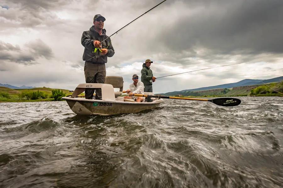 Anglers fish from a McKenzie River-style drift boat Anglers fish from a McKenzie River-style drift boat on the Madison River near Ennis, Montana.