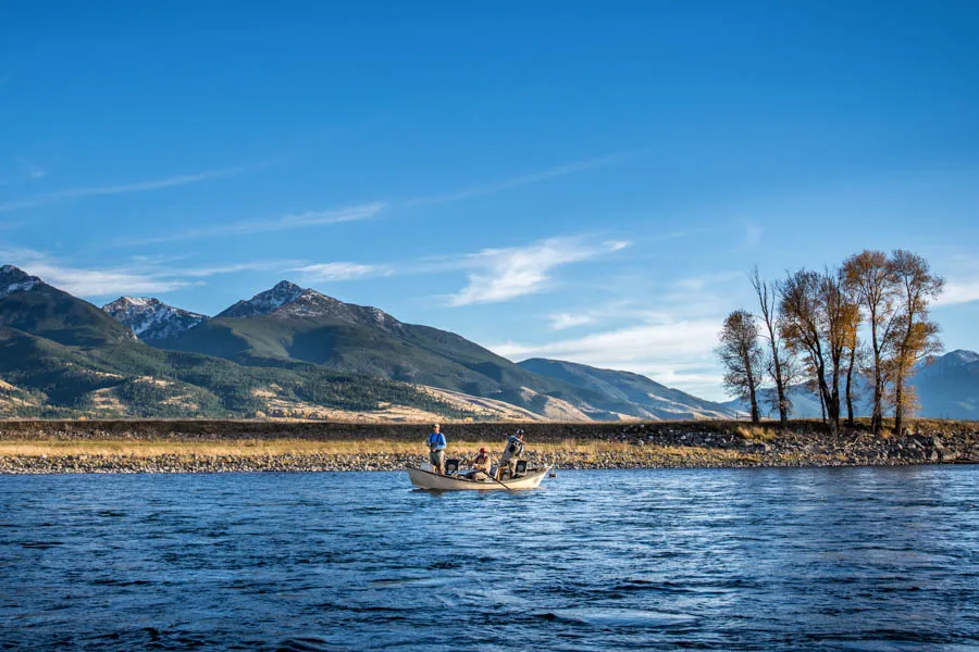 Anglers drift through a scenic stretch of the Yellowstone River