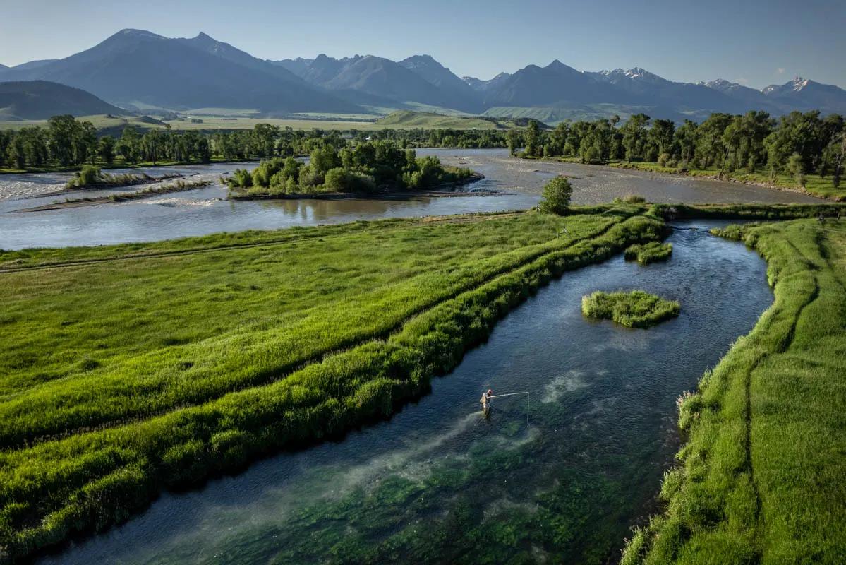 Using a drone to capture this image on DePuy Spring Creeks helps the viewer understand the context of the moment