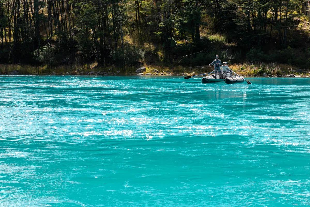 Dave casts from a cataraft while fishing the Rio Baker on day one at Green Baker Lodge