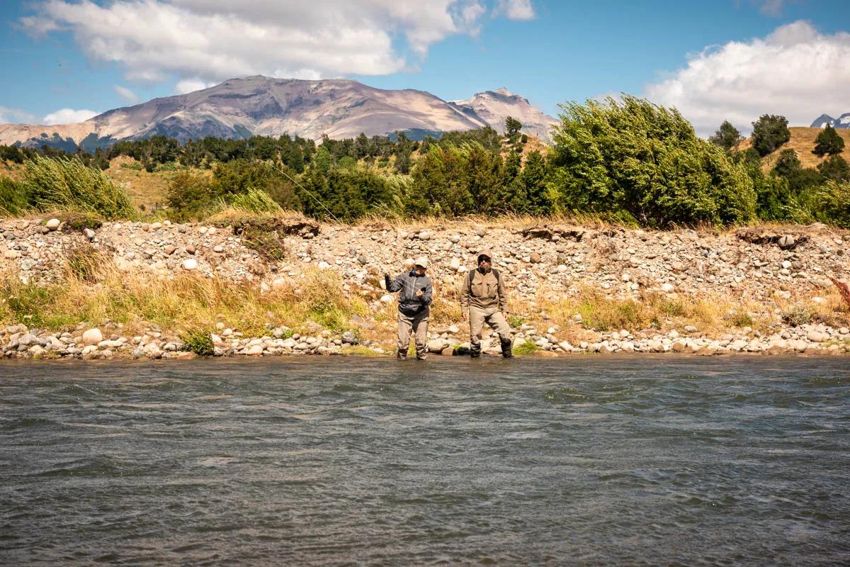 Lisa and guide Sebastian fish the Rio Simpon near Coyhaique, Chile on the first full day of fishing