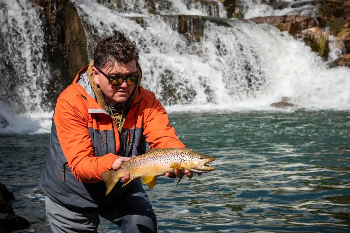 This brown trout took a streamer fished on a sinking line beneath one of the Rio Huemules' dramatic waterfalls