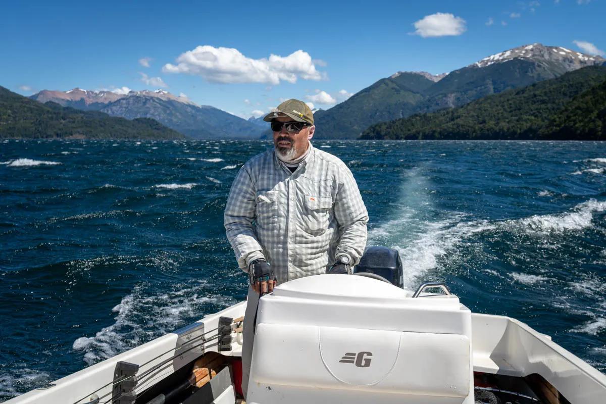 Carrileufu River Lodge guide Pablo navigates Lago Rivadavia. Carrileufu River Lodge guide Pablo navigates Lago Rivadavia.