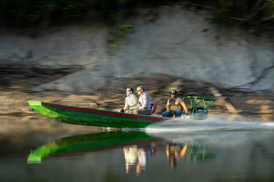 motoring to the fishing grounds The morning run to the the fishing grounds is part of the experience. This part of the trip is a true wildlife safari and you never know when you will come around the bend to see a tapir or jaguar on the beach