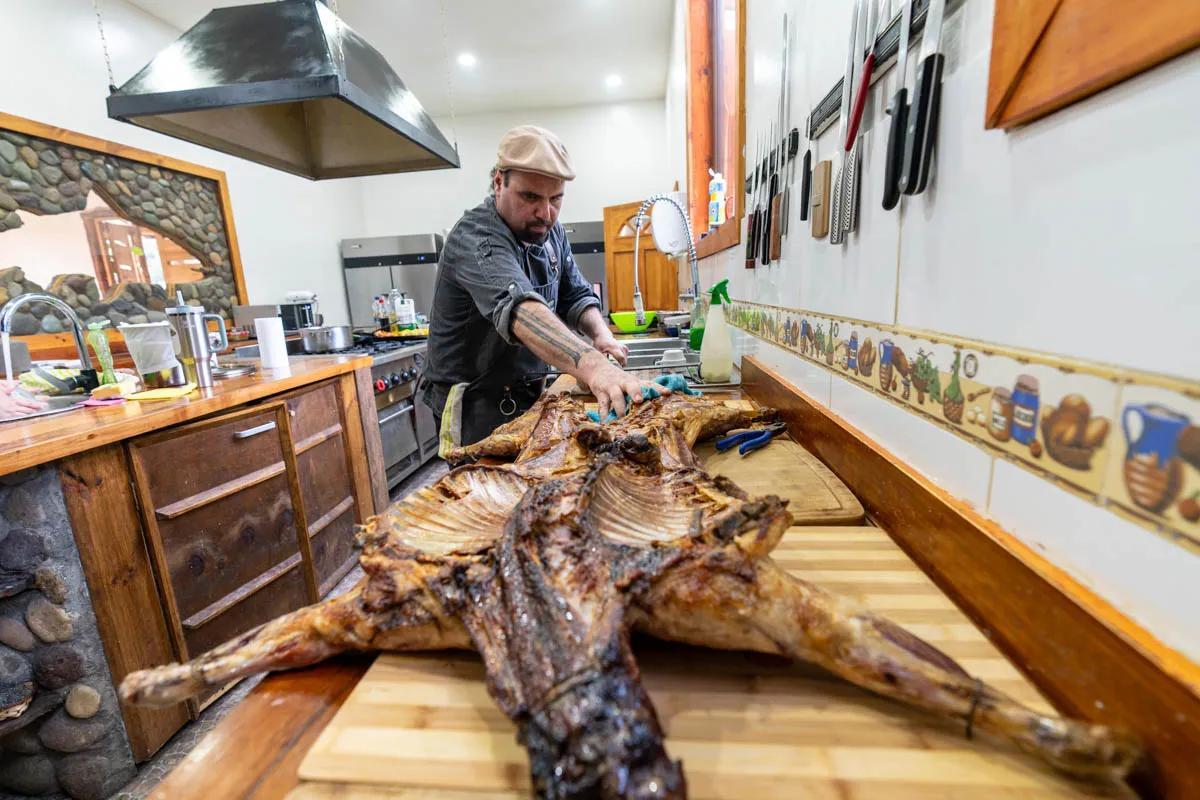 Lodge cuisine emphasizes local poduce and meats, including this traditional lamb asado