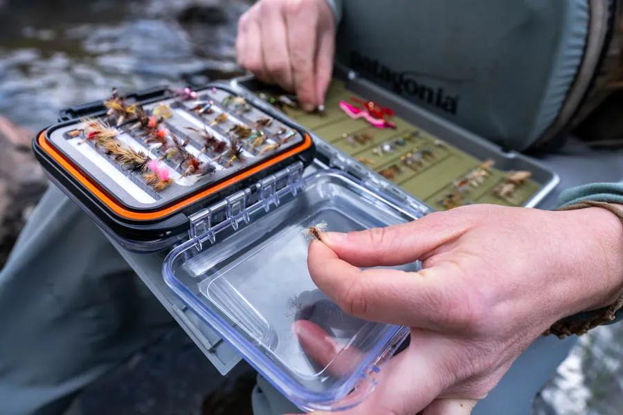 Organizing a fly box is an important part of fishing in a remote canyon