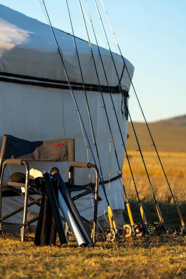 Mongolia fly fishing rods 8 and 9 weight rods were ideal for the taimen. We fished floating lines with the poppers, mice and gurglers and an intermediate sinking head for the streamers. A 5 or 6 weight trout rod was also nice for the grayling, lennok and Amur trout