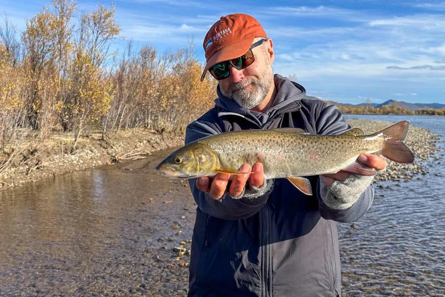 Mongolian lennok Lennok was another trout species that we encountered throughout the trip. I had a 5 weight rigged to target these and a Montana style dry-dropper rig was perfect. Many of the guys enjoyed fishing the riffles near camps in the evengings for grayling and lennok