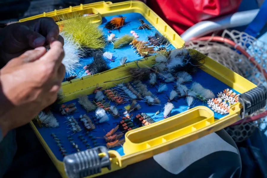 Fly fishing trips in Argentina with Montana Angler. This typical fly box of the guides out of Carrileufu River Lodge features all the tasty morsels the big trout in this area want to eat.
