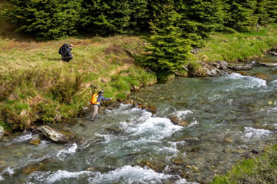 Guided fishing in New Zealand Once a careful approach has made the guide can often provide guidance on adjusting the cast as well as observing the trout to see if it eats the fly. Teamwork at its best!