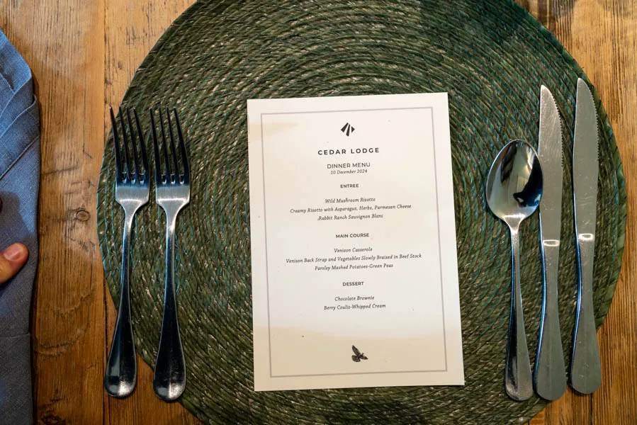 Menu at Cedar Lodge New Zealand