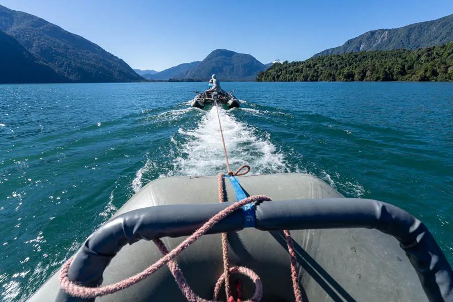 Getting a tow across Lago Rosselot after a day on the river. Getting a tow across Lago Rosselot after a day on the river.