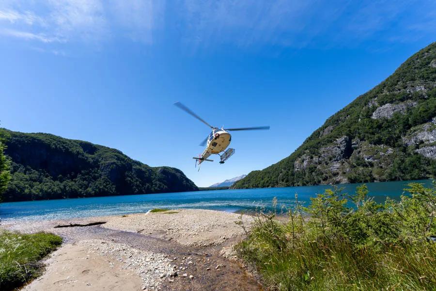 Heli fishing in Chile The world beomes a little smaller when you your shuttle vehicle is a helicopter. We took advantage of good weather on day 1 at Rio Palena Lodge to fly to a remote mountain lake that had just been scouted by the guides recently with reports of big brook trout.