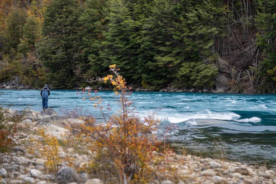 Rio Baker Lodge fly fishing with Montana Angler We fished in the heart of Autumn during at Patagonia Baker Lodge. The glacial turquoise of the river is brilliant contrast to the changing leaves of fall.
