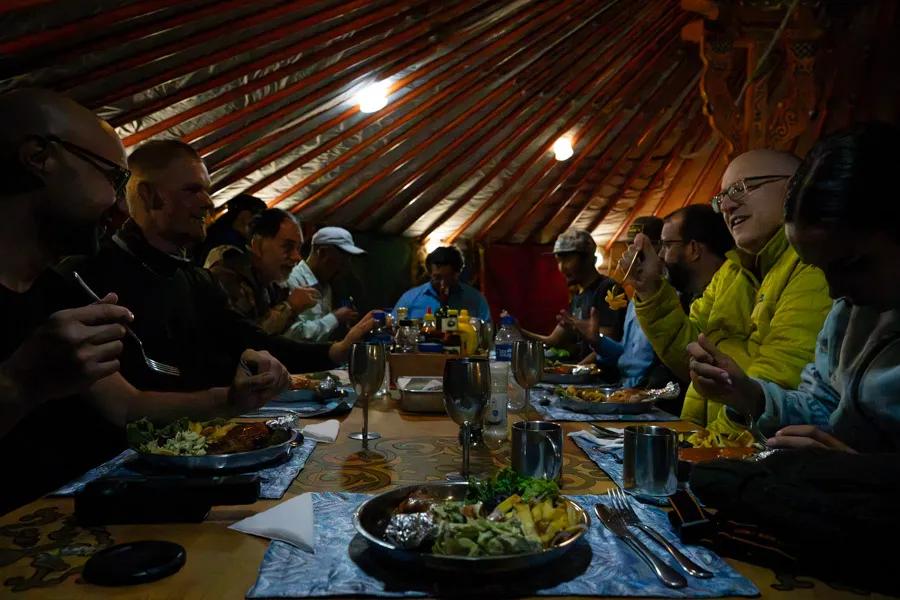Ger camp meal Evenings in camp lit by solar lights while enjoying great food and great company.