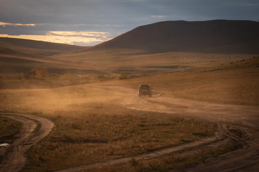 Driving across the Mongolian Steppe