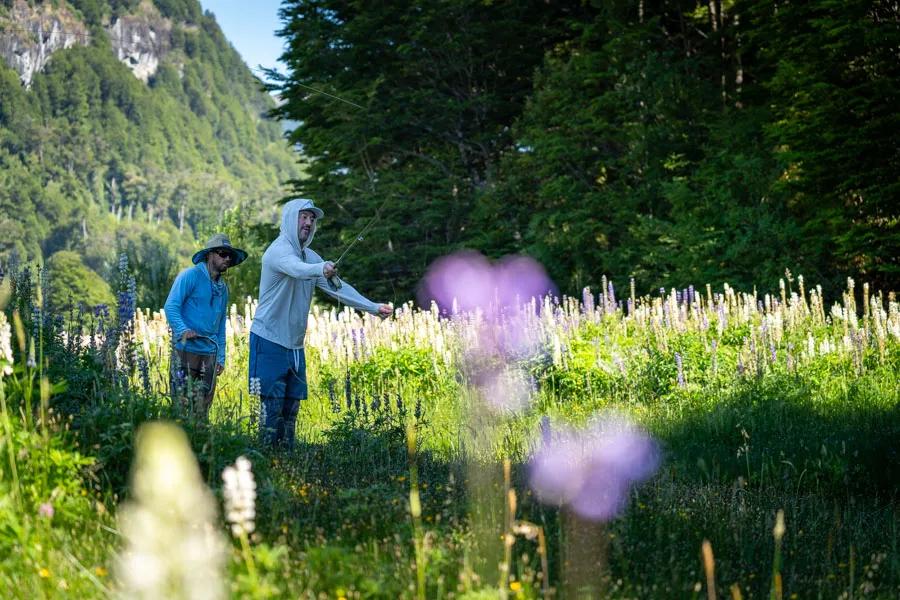 Guest Ryan fishing a back channel of the Simpson with guide Jaime