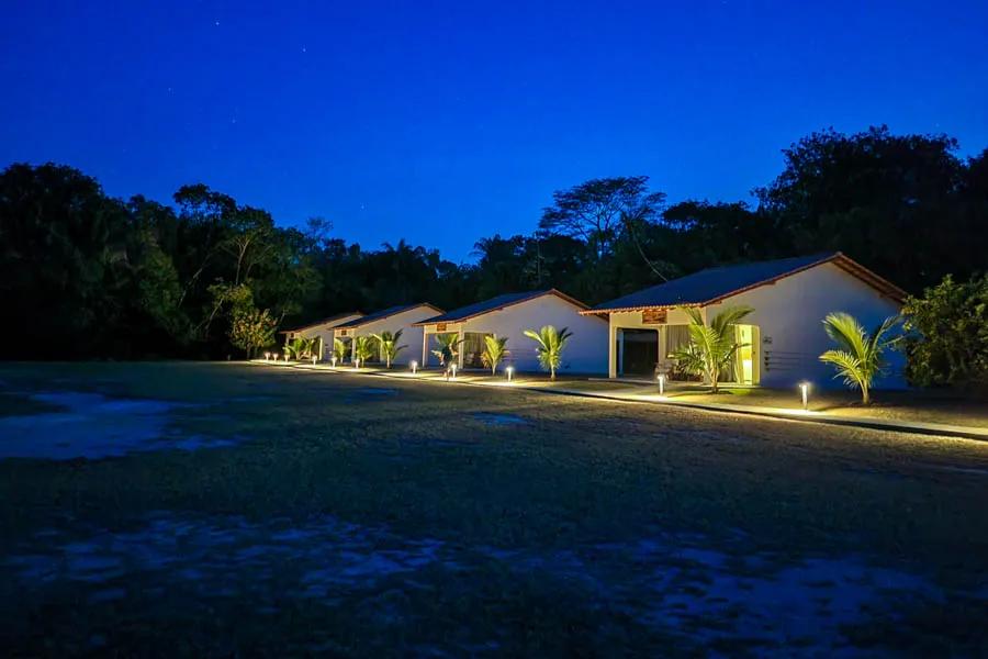 Nighttime view of the cabins at Agua Boa Amazon Lodge