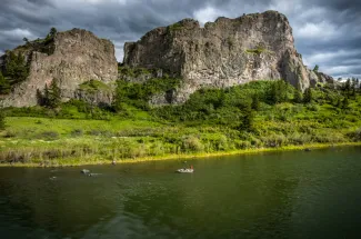 The spectacular peaks of Mountain Palace rise above the Missouri River