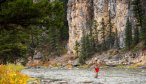 Shear cliff faces greet anglers fishing the Gallatin River in Gallatin Canyon