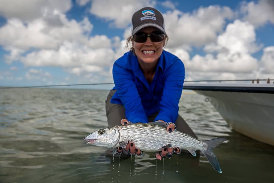 Ann McGeehan with a nice bonefish from the Southern Marls.  Groups of bones were moving with the new moon to spawn in open water