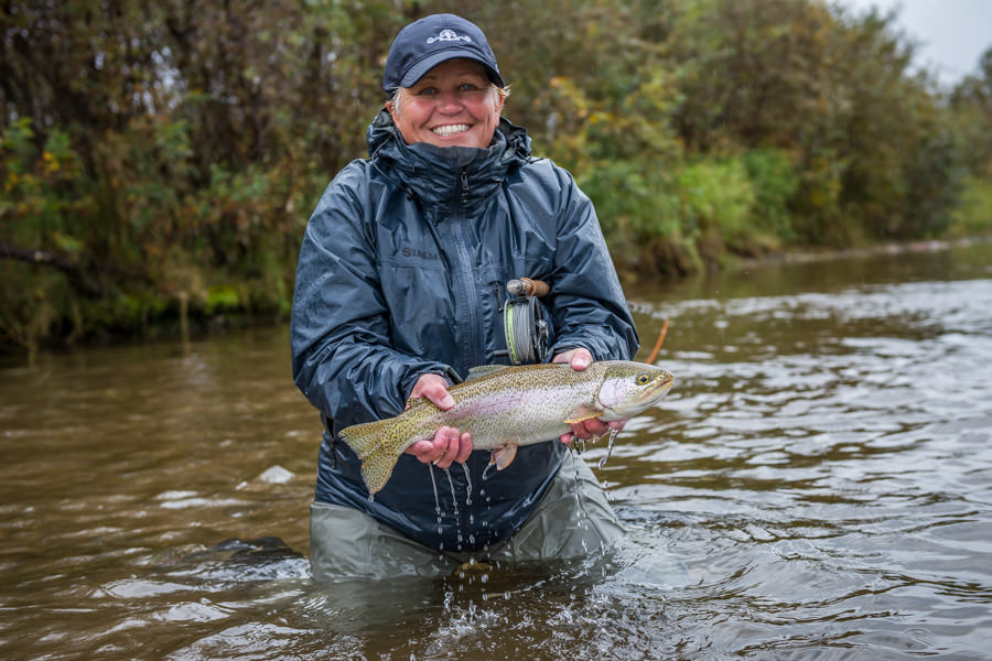 Alaska rainbow trout Montana Angler guest Diane Rozier with her first Alaskan Rainbow