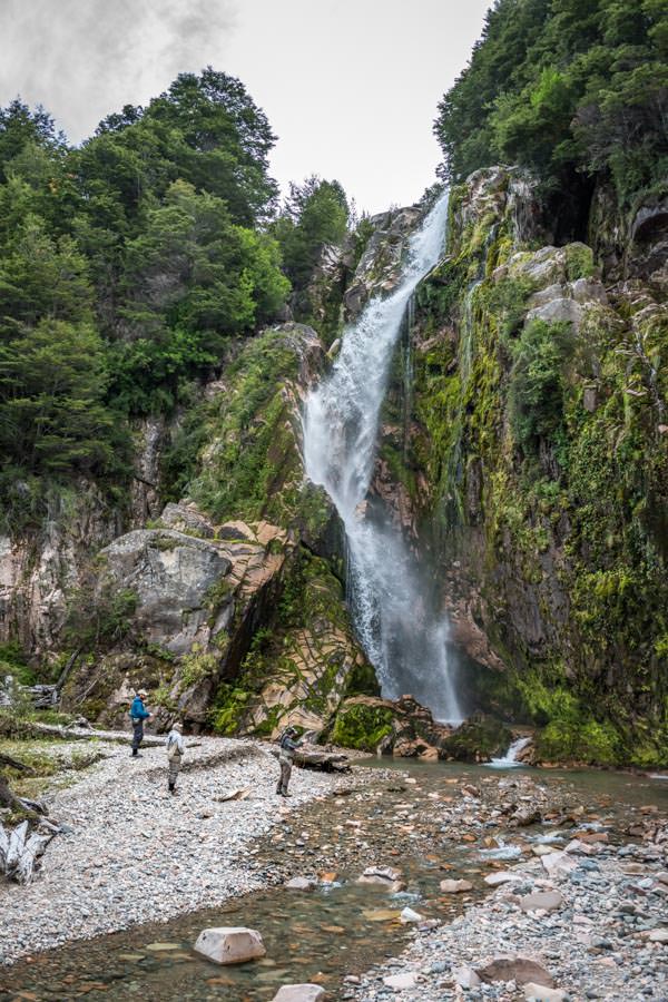 Fishing to wild fish at the base of a waterfall Cascading water fall with wild trout underneath