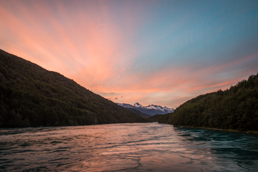 Sunrise over the Rio Baker from the deck of the Patagonia Baker Lodge Sunrise over the Rio Baker from the deck of the Patagonia Baker Lodge