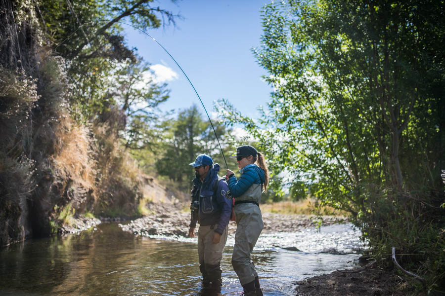 small stream fly fishing in Chile We enjoyed a day on a large estancia fishing on one of the many small freestone streams in the area. Trout eagerly accepted Ella's hopper offering as the real deal