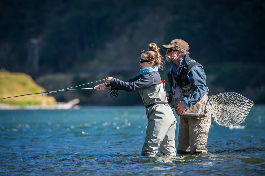 Simpson River fly fishing Ella receives some coaching from the legendary Monte Becker on the Lower Simpson river