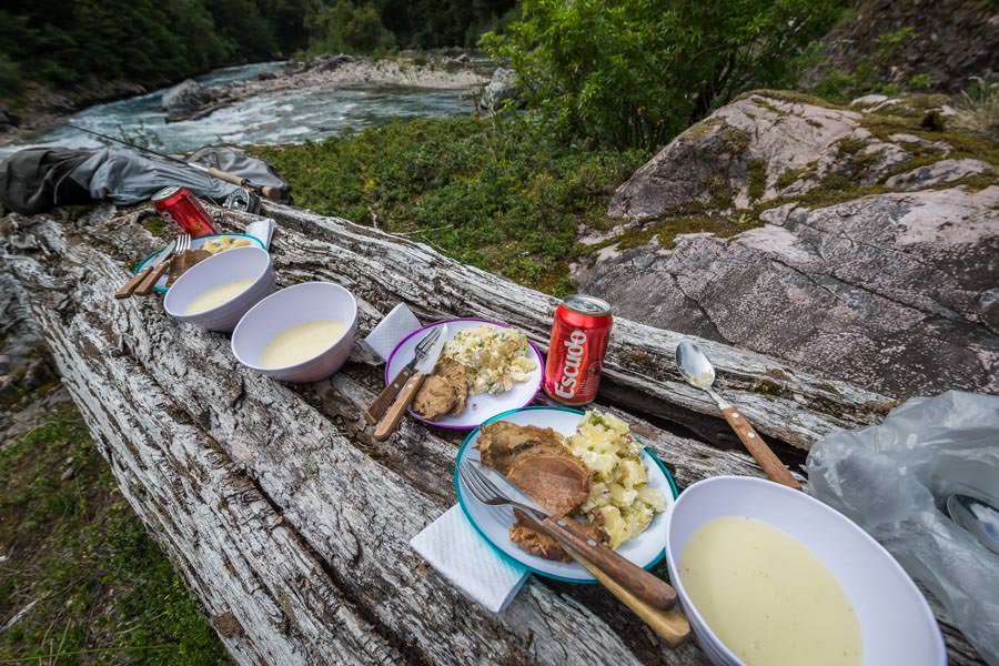 Lunch on the river in Chile Hot soup and beef fillets for lunch!