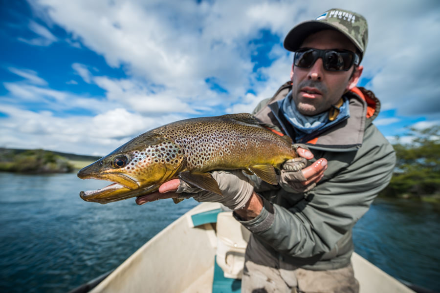 streamer fishing Argentina Our guide "Juli" with a nice streamer eating brown from the Futaleufu. We enjoyed an amazing day stripping articulated streamers with bell to bell action