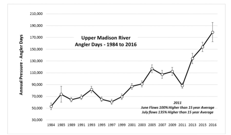This graph was provided by Montana Fish Wildlife and Parks. Angler user days have increased at a rapid rate in the last decade. Interestingly the number of anglers on the upper river that hire guides is less than 20,000 user days and would not fit on this graph's axis since the number is too small
