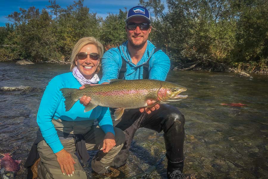 Luckily more than the bears were catching fish. Sherry landed this heavy rainbow after guide Nick spotted it holding in swift water below a pod of salmon