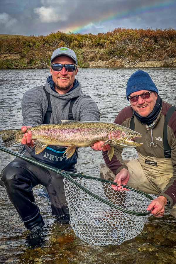 Tom Stark spotted this big rainbow cruising the shallows of Moraine Creek. After casting to the trout for over 20 minutes he invited Mark over to try his hand. Mark quickly caught and landed the monster...now that is a good buddy!