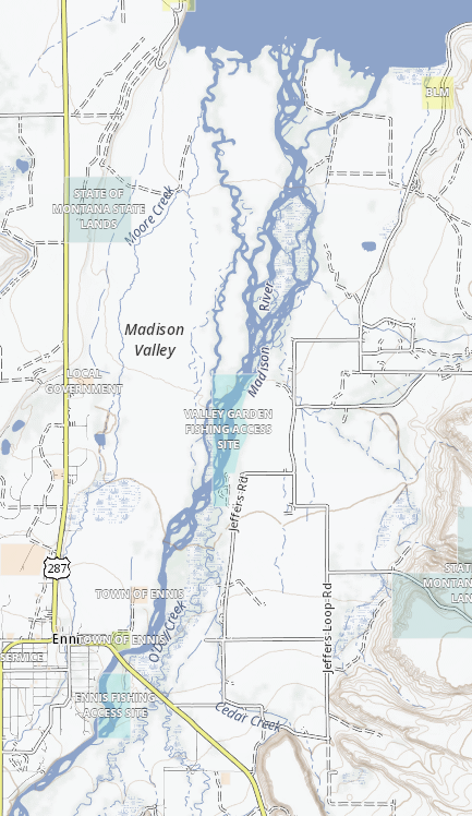 Channels wade area The wade only zone from Ennis to Ennis lake is mostly private land. The banks are heavily lined with willows. Walking in the river to access most 6 mile reach is not realistic. Boats are a critical tool for access in this reach