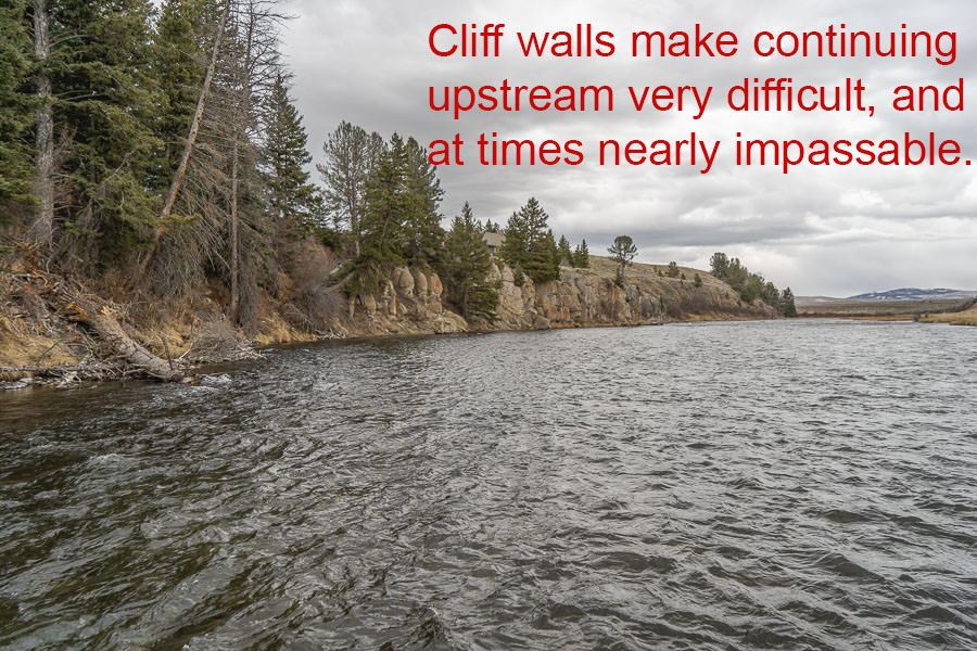 cliff walls Cliff walls bound the river below the Big Bend state lands. This shot was at very low flows. At average flows these cliffs are a barrier to travel for anglers limited only to foot access