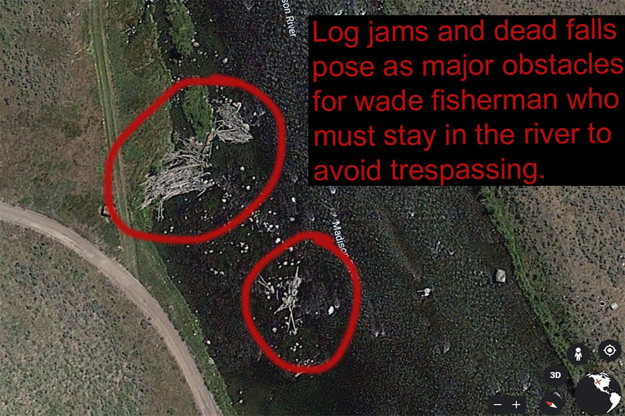 deadfall Log jams just above the Big Bend state land area. Land owners in this area are quick to remind anglers they must stay in the water and wade around obstacles like these