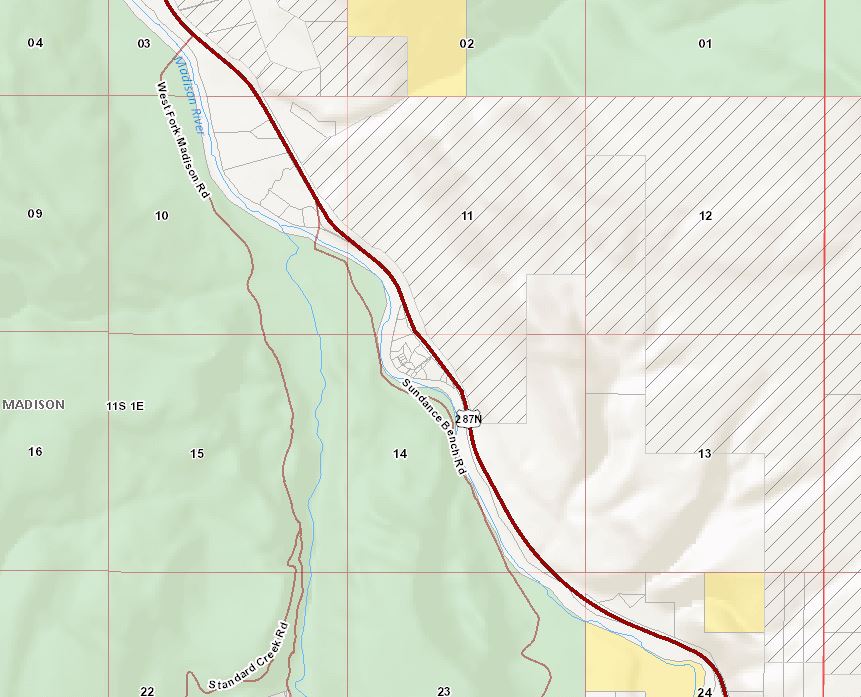 The entire East bank of the Madison from Pine Butte to Lyons Bridge (3.3 miles) is private. There are some areas of large ranch land that is not posted, but other parts of this reach are difficult to access without a boat. Wading from the other side is not realistic at most flows due to the size of the river.