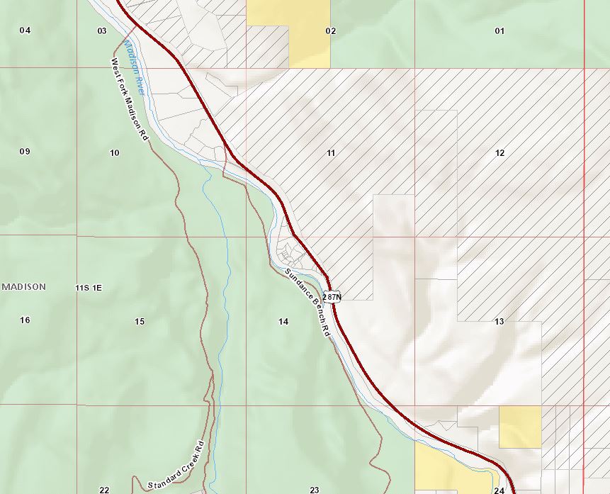Madison River access map The entire East bank of the Madison from Pine Butte to Lyons Bridge (3.3 miles) is private. There are some areas of large ranch land that is not posted, but other parts of this reach are difficult to access without a boat. Wading from the other side is not realistic at most flows due to the size of the river.