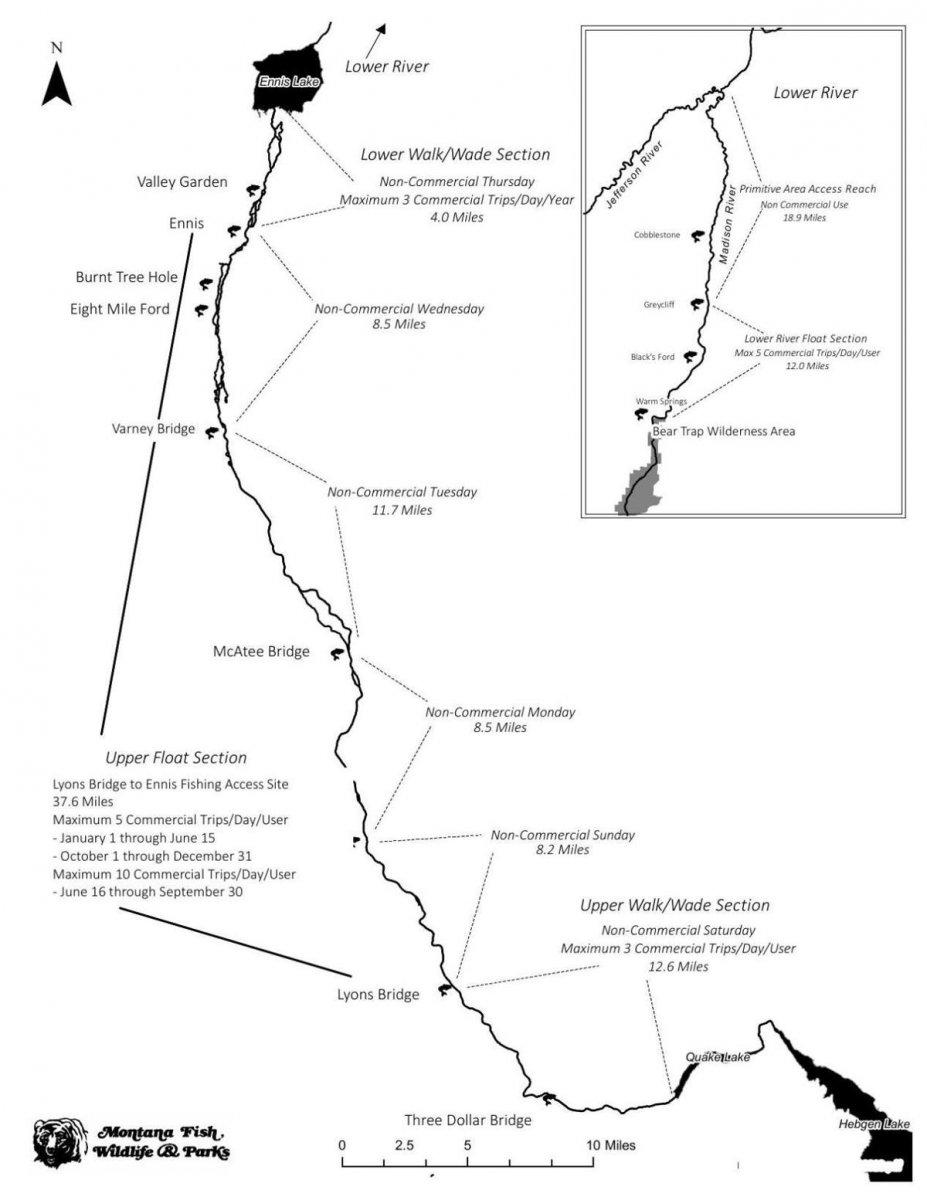 Here is an example of one proposal of a "Rest and Rotation" map for the Madison River. It would group users into zones of use. This does not actually decrease the number of users on the river. Rather than encouraging all users to organically spread out throughout the river system it concentrates users