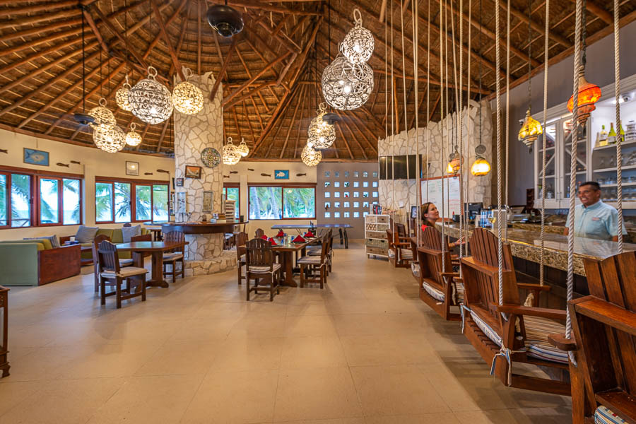The main lodge offers a spacious gathering area and fully stocked bar