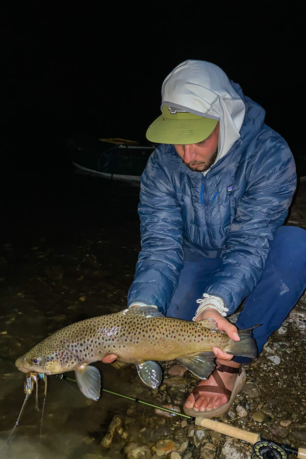 Big browns often feed after dark. Try swinging some big streamers through big trout water after the sun goes down and hang on