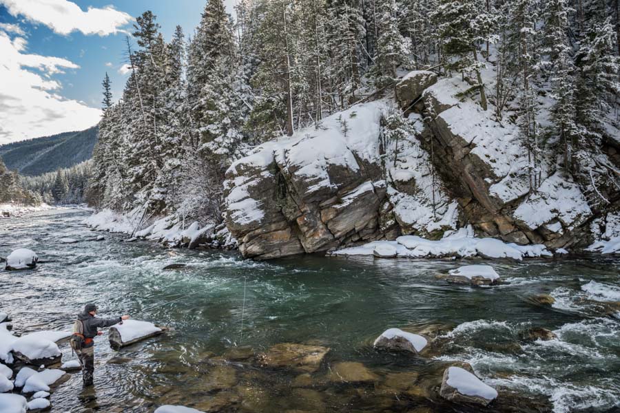 Early Spring on the Gallatin River Water temperatures are cool in the spring. Look for trout in the slower currents where they don't need to work as hard.