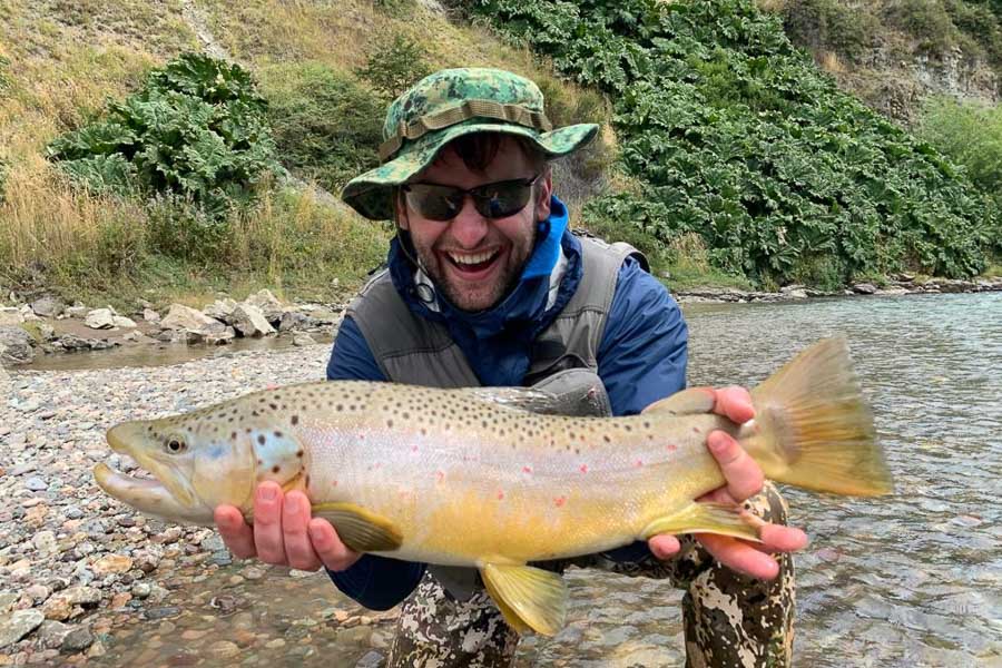 Nick, on his first ever fly fishing trip, landed this nice brown on Rio Simpson