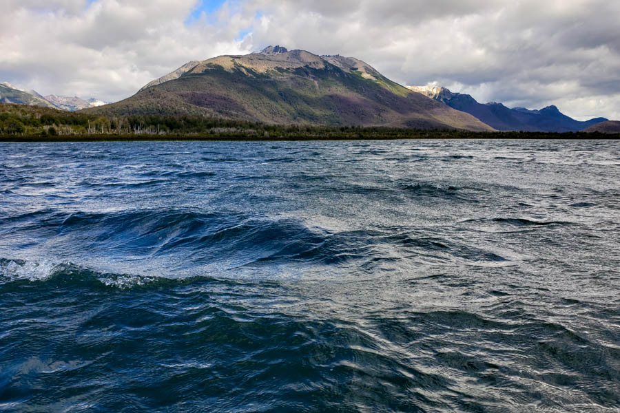 Lago Engano is rimmed by the high peaks of the Andes Mountains