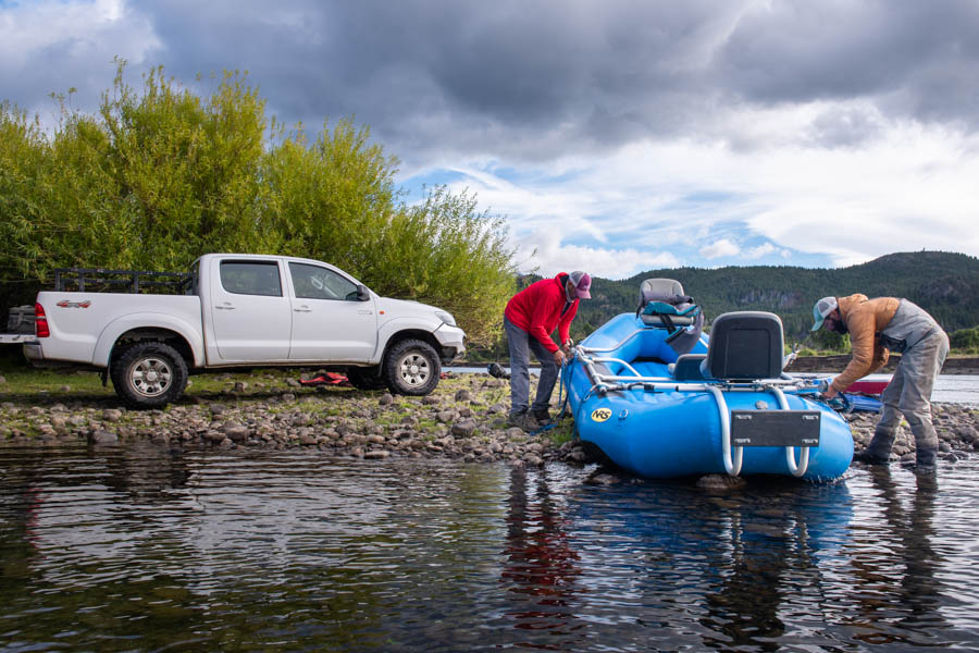 Marcello, right, and Zeke gear up for a day of fishing the Rio Futaleufu, one of the largest rivers in central Patagonia and El Encuentro's home water