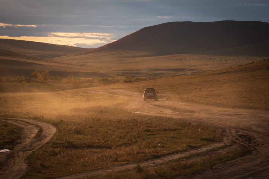 Driving across the Mongolian Steppe